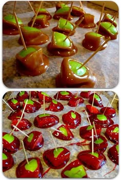 chocolate covered cherries with green and red toppings on skewers, ready to be eaten