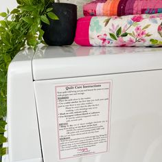 towels are sitting on top of the dryer and next to it is a potted plant