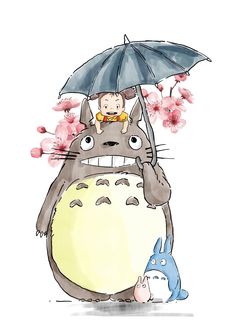 a drawing of a person holding an umbrella over a totoro