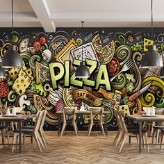 a restaurant wall mural with the word pizza on it and lots of colorful doodles