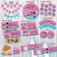 printable frozen princess birthday party package with water bottle labels and cupcake toppers