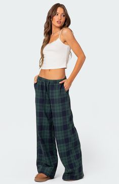 EDIKTED Lounge Around Plaid Wide Leg Pants | Nordstrom Plaid Wide Leg Pants, Teen Pants, Loungewear Pants, Cute Pjs, Plaid Pajama Pants, Plaid Pajamas, Swimwear Dress, Pj Pants, Pants Wide Leg