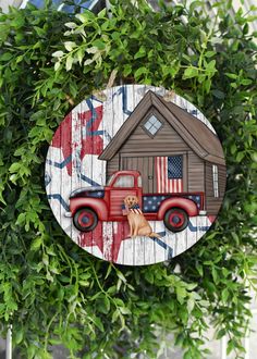 4th of July Dog and TruckThese door hangers are the perfect way to dress up your door and welcome your guest with a touch of seasonal flair.This 4th of July door hanger is designed with a red truck and a dog ready to celebrate the holiday. We offer these door hangers in two different sizes. The smaller size is perfect if you are looking to add this to a wreath for your door. The medium is good for a small door or even an indoor wall hanging. Each door hanger is made from high quality hardboard a 4th Of July Door Hanger, Truck Door Hanger, Small Door, Entryway Wall Decor, Entryway Wall, Small Doors, Large Wreath, Round Door, Red Truck