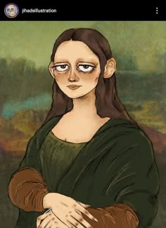 a drawing of a woman with long hair and glasses on her face, in front of a green background