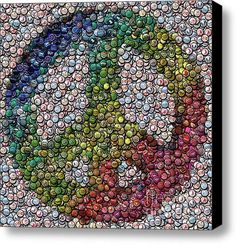 a bottle cap collage with the word peace painted on it in multicolors