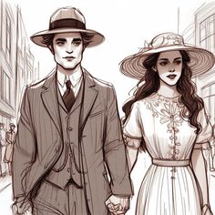 a man and woman are walking down the street in vintage fashions with hats on