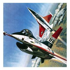 two fighter jets flying in the sky with clouds behind them and one is red white and black