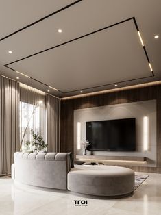 modern living room with white furniture and large flat screen tv