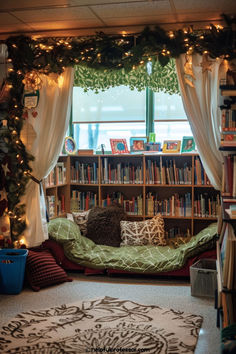 a living room filled with lots of furniture and bookshelves covered in christmas lights