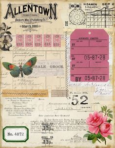 an altered photograph with pink flowers and other things on the page, including a ticket