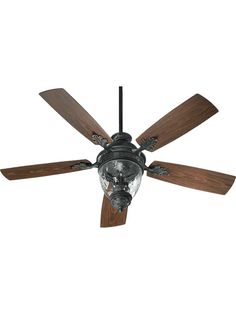 a ceiling fan with two wooden blades and a glass light fixture on the top of it