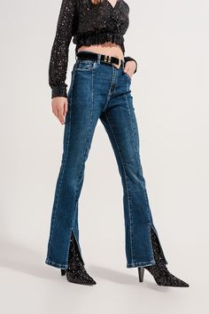 Maxi length. Jeans. Plain design. A-line cut. Flare. Casual. Basic. Slim fit. Five pockets. Seam details. Types Of Jeans, Jeans Casual, Flare Leg Jeans, Flared Jeans, Sheer Top, Jeans Flare, Split Hem, Medium Blue, World Of Fashion