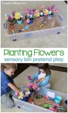 two pictures of children playing with flowers in a play box