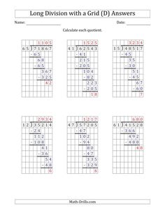 the long division with gridd answers is shown in this worksheet for students to practice