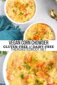 two bowls of vegan corn chowder with text overlay