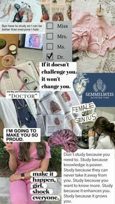 a collage of photos with words and pictures on it, including an image of a woman in pink