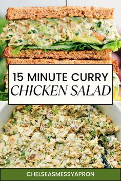 chicken salad with lettuce and cheese on top in a white bowl next to the words 15 minute curry chicken salad