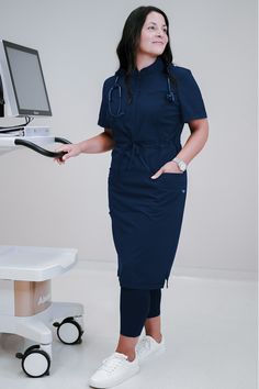 Scrub Dress Uniform Nurses, Nurses Dress Uniform Style, Dress Scrubs, Modest Scrubs, Nurse Scrub Dress, Nurse Attire, Scrub Dress, Ensemble Blazer, Nurse Dress Uniform