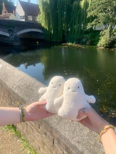 someone holding two small stuffed birds in their hands near the water's edge and bridge