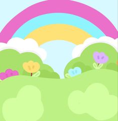 a cartoon landscape with trees, flowers and a rainbow in the sky above it is a green hill