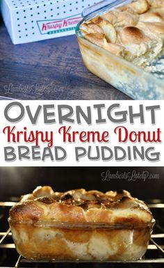 overnight krispy kreme donut bread pudding in the oven with text overlay