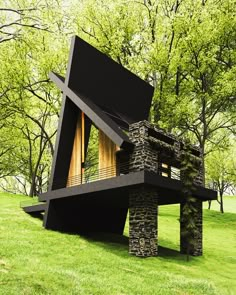 an unusual house in the middle of a grassy area with trees and grass around it