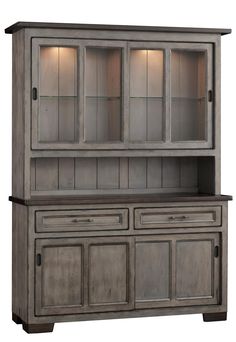 an old style hutch with glass doors on the front and side panels, in grey wood