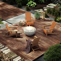 a fire pit surrounded by lawn chairs on a deck