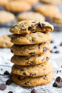 chocolate chip cookies stacked on top of each other