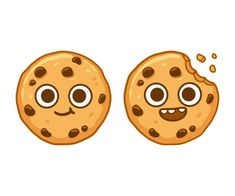 two chocolate chip cookies with eyes and mouths