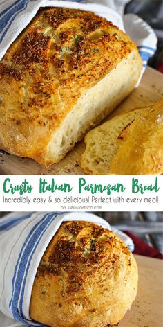 two pictures of bread on a cutting board with the words crusty italian parmesan bread