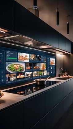 a kitchen with a large menu on the wall next to an oven and counter top