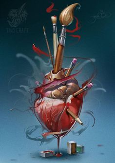 the heart is filled with various items like paintbrushes and pencils, as well as other things