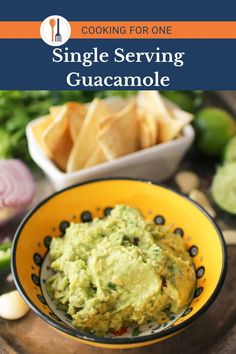 a yellow bowl filled with guacamole next to tortilla chips