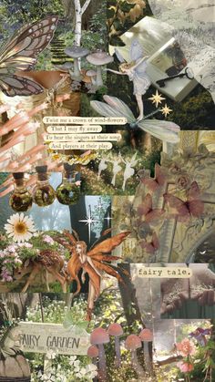 an altered collage of fairy images and texturals with flowers, butterflies, trees, and other things