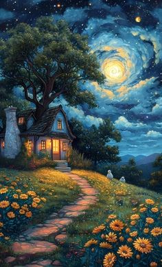 a painting of a house on a hill at night