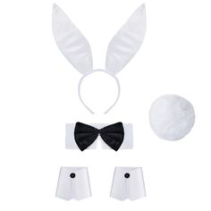 a white bunny costume with black bow tie and two matching headbands for girls