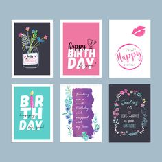 four different greeting cards with the words happy birthday and flowers in vases on them