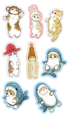 various stickers with cats and dolphins in different colors, including one cat wearing a red hat