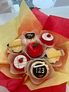 Back To School Cupcake Bouquet - The Dessert Ladies Teacher Baking Gifts, Kids Cupcake Decorating Party, Desserts For Teachers, Back To School Cupcake Ideas, Teacher Appreciation Desserts, School Deserts, Back To School Desserts