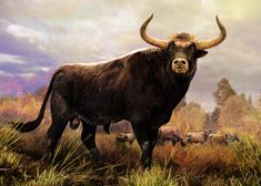 a painting of a bull standing in the grass with other animals behind it on a cloudy day