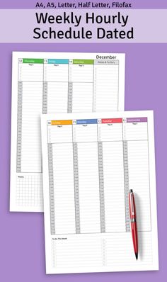 two printable weekly calendars with pen on top