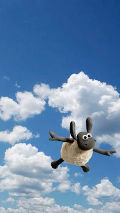 a cartoon sheep flying through the air with clouds in the sky behind it and an animal on its back