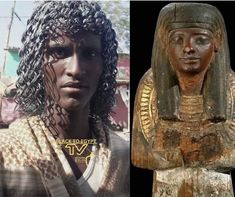 an ancient egyptian statue next to a photo of a woman with braids on her head