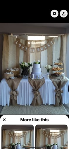 an image of a table with cake and desserts on it for wedding guests to eat