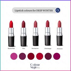 ⭐️SAVE IT FOR LATER⭐️ Lipstick is the most exciting Deep Winter make-up product! You can wear really deep and intense lipstick colours, like deep reds and purples. Don’t be afraid! If you find those lipsticks too intense, apply them with a light hand, or opt for one of the lighter shades. Avoid overly warm, orange-based lipstick colours. . . . #colouranalysis #coloranalysis #makeup #style #deepwinter #darkwinter Deep Winter Mac Lipstick, Dark Winter Lipstick Colors, Deep Winter Makeup Products, Deep Winter Lipstick Colors, Deep Winter Lipstick, True Winter Lipstick, Dark Winter Makeup, Deep Winter Makeup, Winter Lipstick Colors