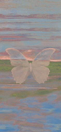 a painting of a white butterfly floating in the water with it's wings spread out