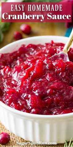 cranberry sauce in a white bowl with a spoon