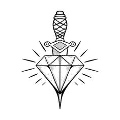 a black and white drawing of a diamond with a dagger on it's tip