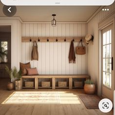 a wooden bench sitting inside of a room next to a door with hooks on it